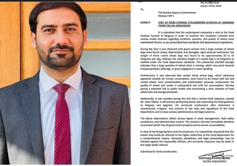 ہنگورجا فوڈ سینٹر میں بدانتظامی، ہزاروں بوریاں گندم خراب، اسسٹنٹ کمشنر سوبھو دیرو کے سینٹر کے دورے کے بعد افسران کے خلاف کارروائی کی سفارش