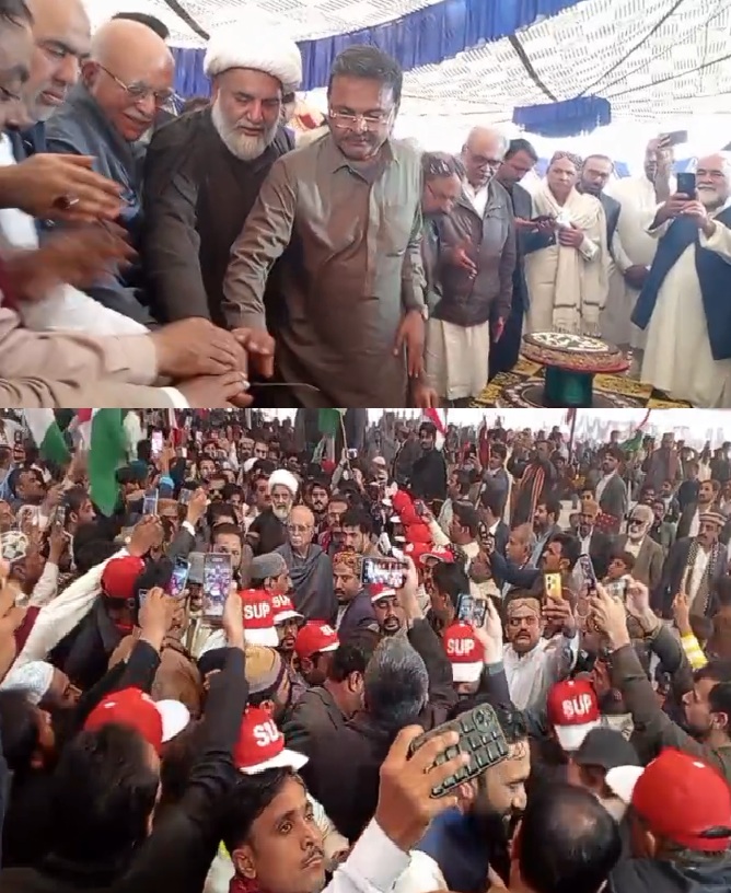 سائیں جی ایم سید کی 122ویں سالگرہ،  سید زین شاہ، محمود اچکزئی، اسد قیصر اور ديگر نے کيک کاٹا