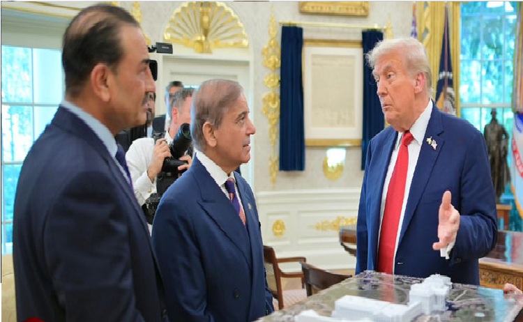 صدر ٹرمپ نے تقریب کے دوران وزیر اعظم شہباز شریف اور فیلڈ مارشل سید عاصم منیر کے ساتھ دوستانہ ملاقات کی