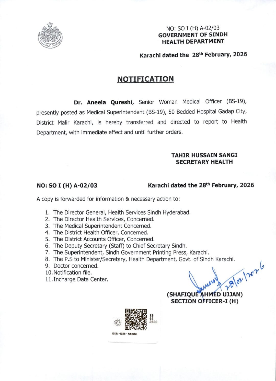 گڏاپ سٽي اسپتال جي ايم ايس ڊاڪٽر انيلا قريشي کي صحت کاتي ۾ رپورٽ ڪرڻ جو حڪم