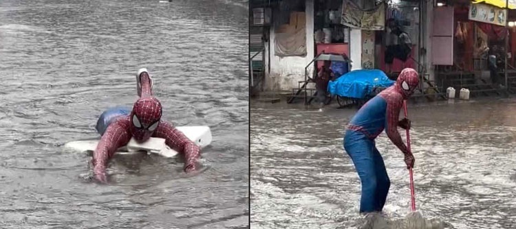 بارش کا پانی نکالنے کے لیے اسپائیڈر مین سڑک پر آ گیا