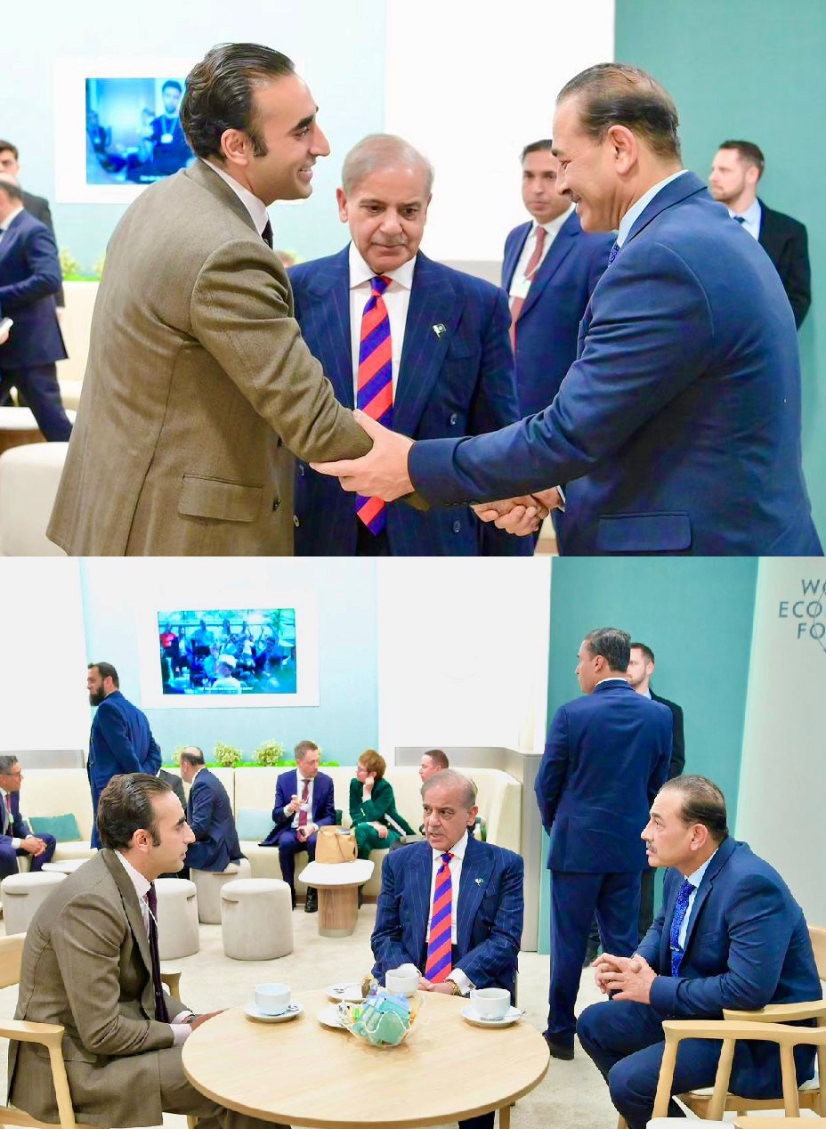 ڈیووس: بلاول بھٹو زرداری کی عالمی اقتصادی فورم کے اجلاس کے موقع پر وزیراعظم شہباز شریف اور فیلڈ مارشل سید عاصم منیر سے ملاقات