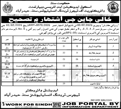 اسڪول ايجوڪيشن اينڊ لٽريسي ڊپارٽمينٽ سنڌ ۾ نوڪريون
school education and literacy department sindh Jobs 2026