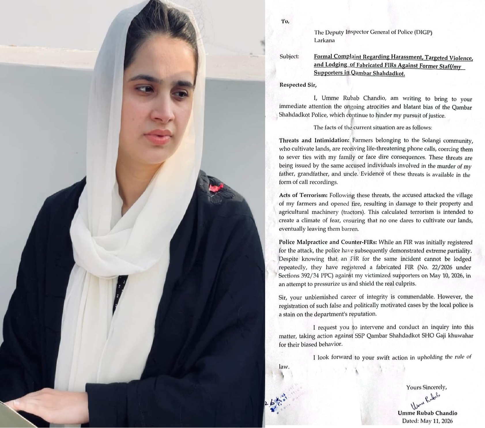 ام رباب چانڈیو کی ایس ایس پی قمبر شہدادکوٹ اور مقامی پولیس کیجانب سے ملزمان کی جانبداری کے خلاف ڈی آئی جی لاڑکانہ رینج کو شکایت